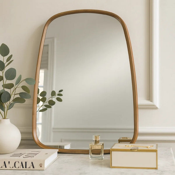 Roe 27 Inch Wall Mirror, Brown Curved Pine Wood Frame, Minimalistic - BM285960