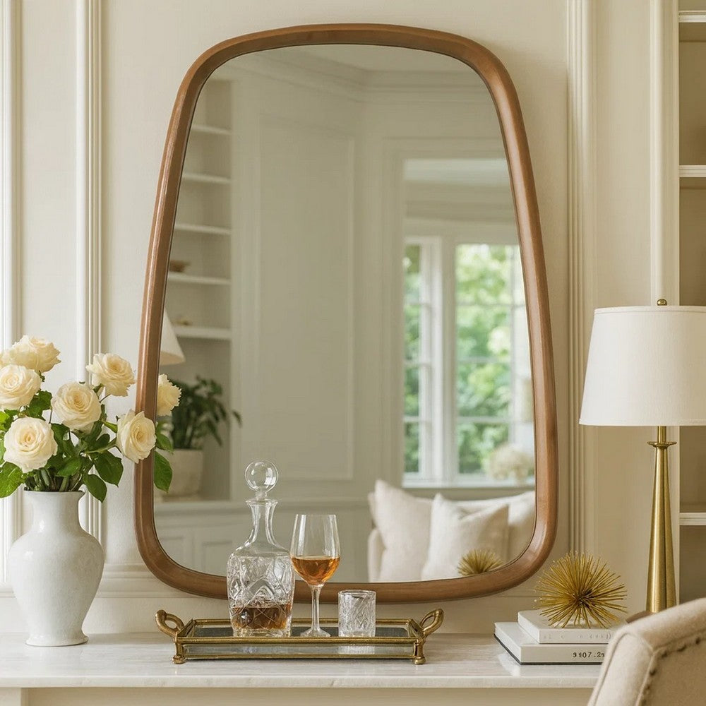 Roe 27 Inch Wall Mirror, Brown Curved Pine Wood Frame, Minimalistic - BM285960