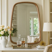 Roe 27 Inch Wall Mirror, Brown Curved Pine Wood Frame, Minimalistic - BM285960