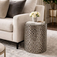 20 Inch Capiz Accent Stool Table, Cylindrical Geometric, Silver, Black - BM286115