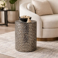 20 Inch Capiz Accent Stool Table, Cylindrical Geometric, Silver, Black - BM286115
