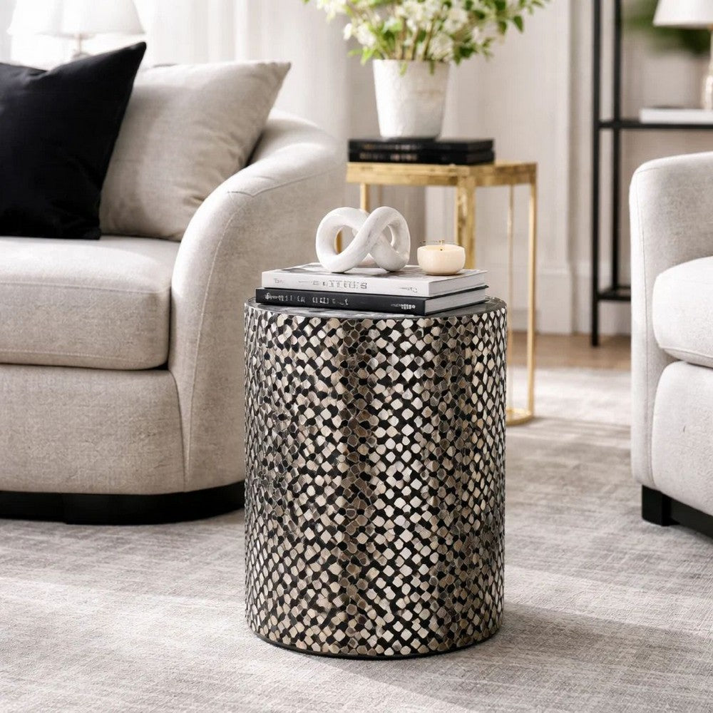 20 Inch Capiz Accent Stool Table, Cylindrical Geometric, Silver, Black - BM286115
