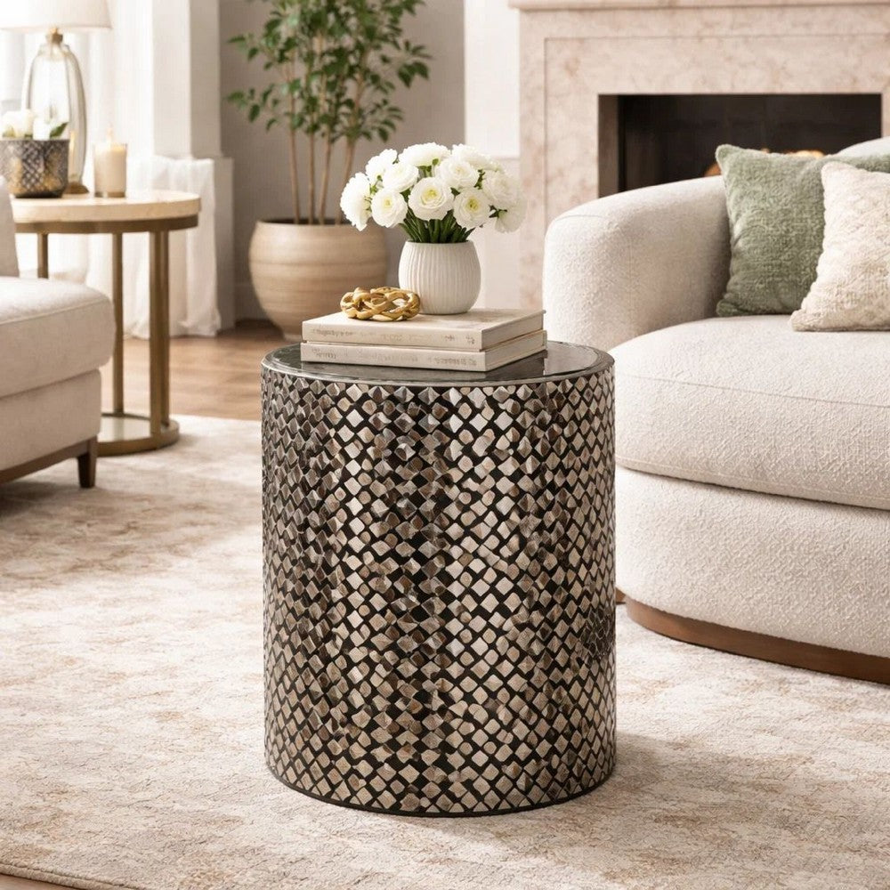 20 Inch Capiz Accent Stool Table, Cylindrical Geometric, Silver, Black - BM286115