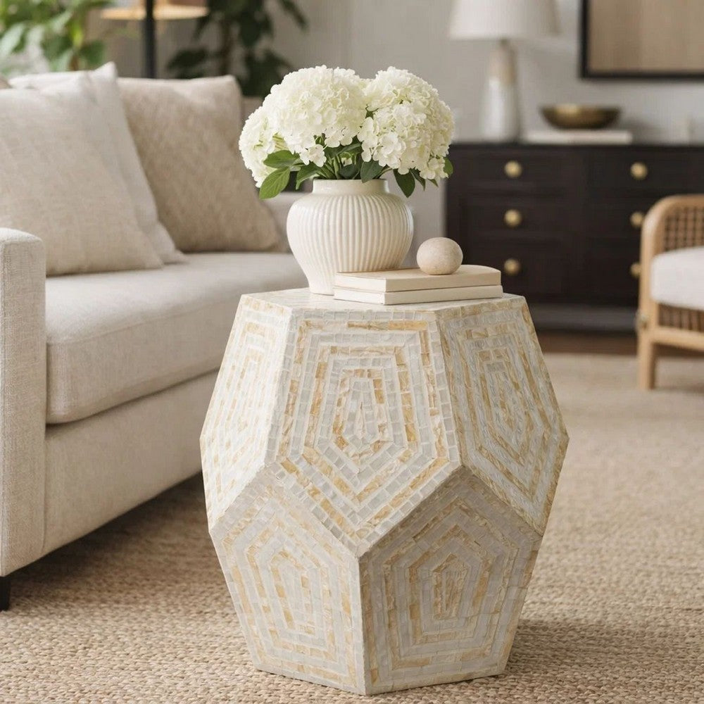 21 Inch Capiz Accent Stool Table, Hexagonal Drum, Angled Look, Beige White - BM286117