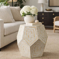 21 Inch Capiz Accent Stool Table, Hexagonal Drum, Angled Look, Beige White - BM286117