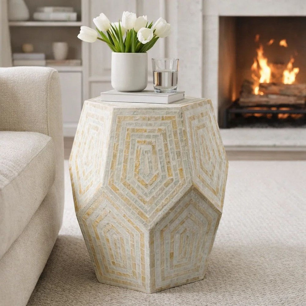 21 Inch Capiz Accent Stool Table, Hexagonal Drum, Angled Look, Beige White - BM286117