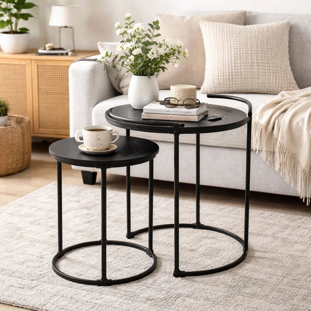 18, 22 Inch Round Nesting End Tables Set of 2, Mango Wood, Set of 2, Black - BM286119