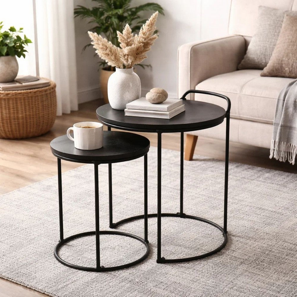 18, 22 Inch Round Nesting End Tables Set of 2, Mango Wood, Set of 2, Black - BM286119