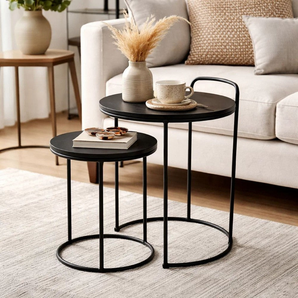 18, 22 Inch Round Nesting End Tables Set of 2, Mango Wood, Set of 2, Black - BM286119