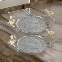 14 Inch Small Decorative Tray Set of 2, Perched Birds, Silver Metal Frame - BM286142