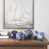 4 Inch Decorative Ball Set of 6 Orbs, Blue And White Printed Porcelain - BM286144