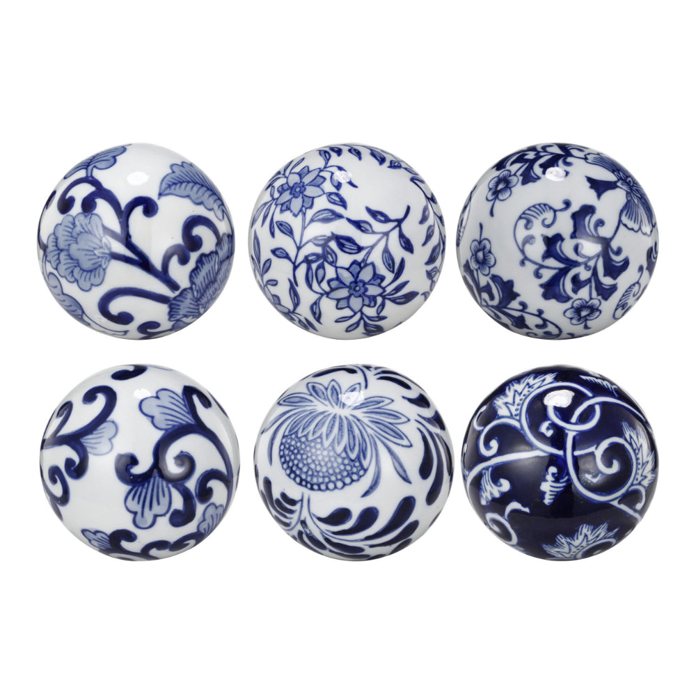 4 Inch Decorative Ball Set of 6 Orbs, Blue And White Printed Porcelain - BM286144