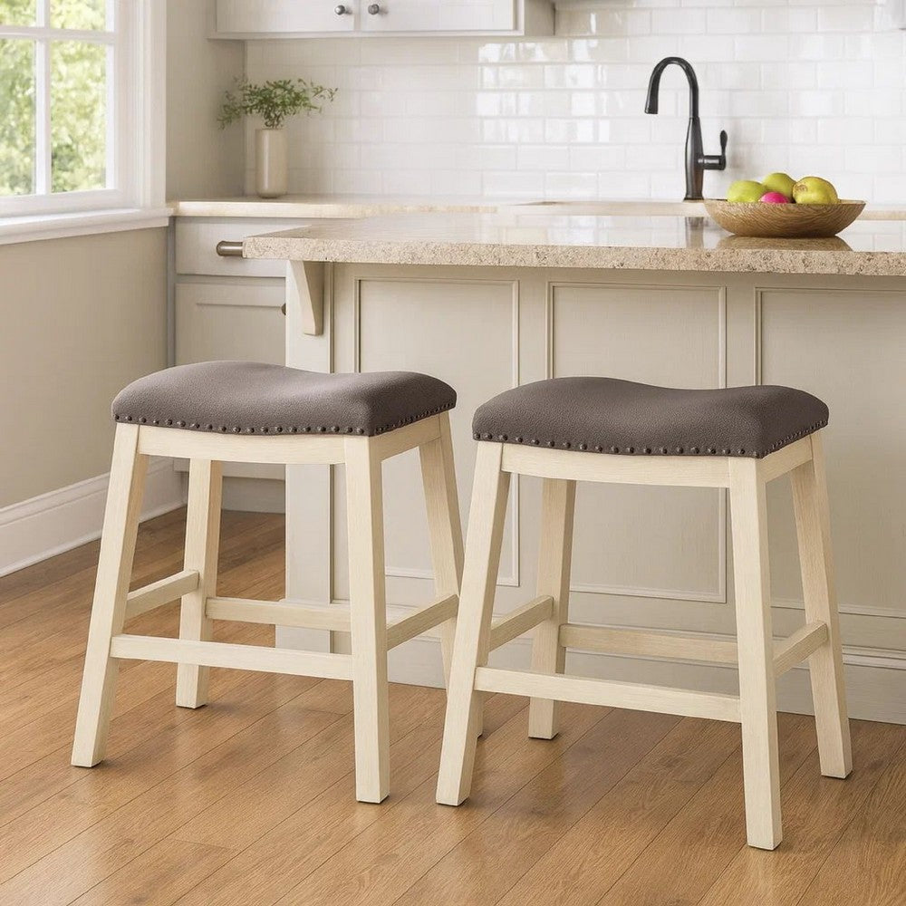 Joss 24 Inch Counter Stool, Gray Cushioning, Saddle Seat, Set of 2, Cream - BM286288