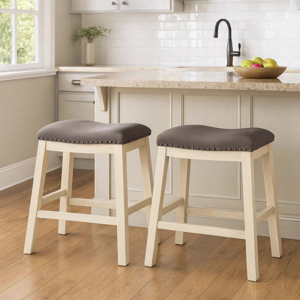 Joss 24 Inch Counter Stool, Gray Cushioning, Saddle Seat, Set of 2, Cream - BM286288