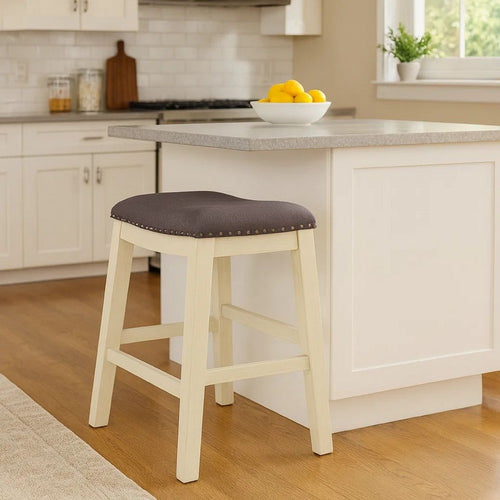 Joss 24 Inch Counter Stool, Gray Cushioning, Saddle Seat, Set of 2, Cream - BM286288