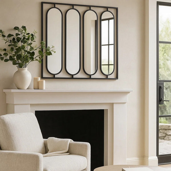 36 Inch Modern Wall Decor, 4 Swiveling Oblong Mirrors, Black Metal Frame - BM286301