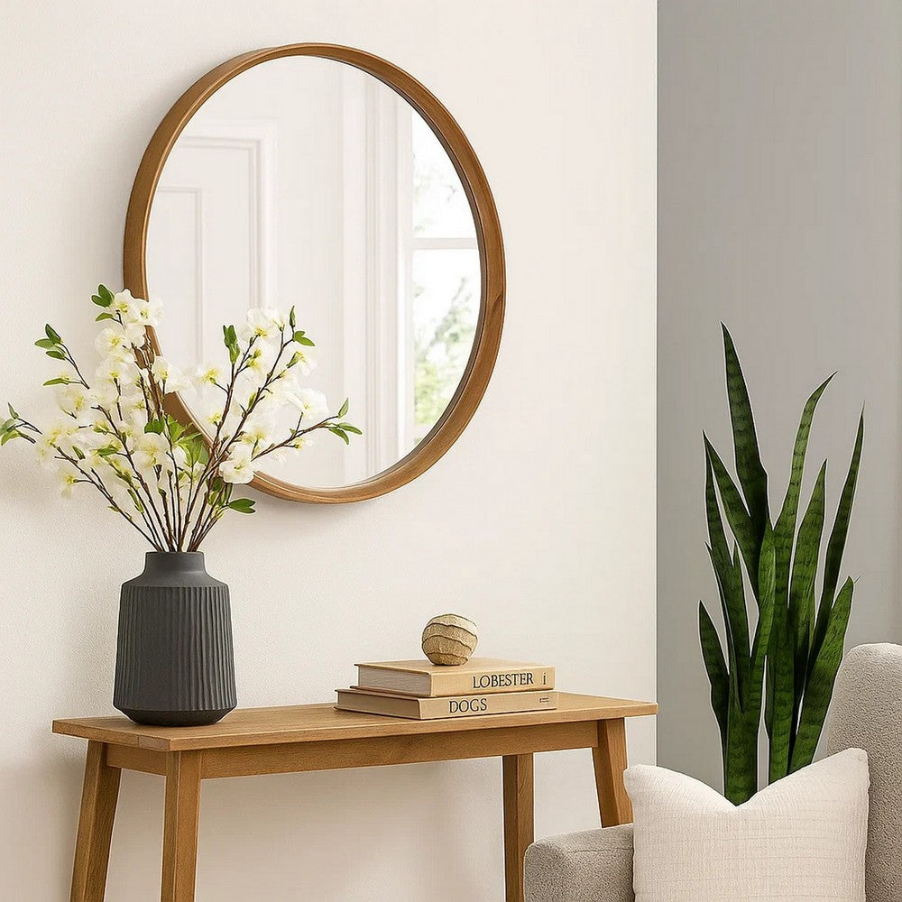 Roe 40 Inch Round Accent Mirror, Brown Pine Wood Frame, Wall Hung - BM286302
