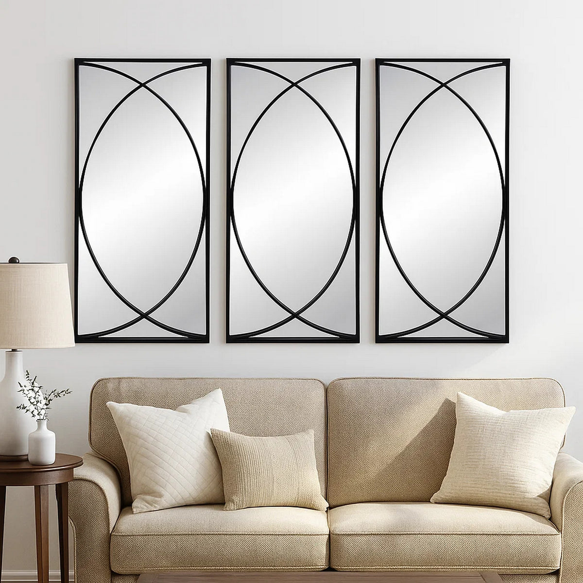 32 Inch 3 Piece Wall Mirror, Concentric Circles, Stylish Black Metal Frame - BM286307