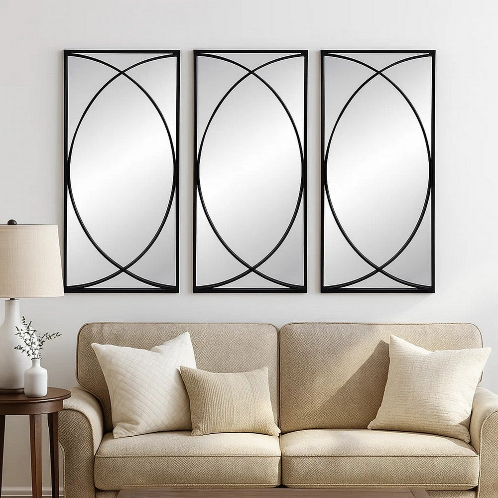 32 Inch 3 Piece Wall Mirror, Concentric Circles, Stylish Black Metal Frame - BM286307