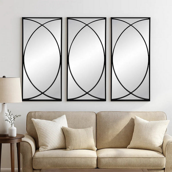 32 Inch 3 Piece Wall Mirror, Concentric Circles, Stylish Black Metal Frame - BM286307