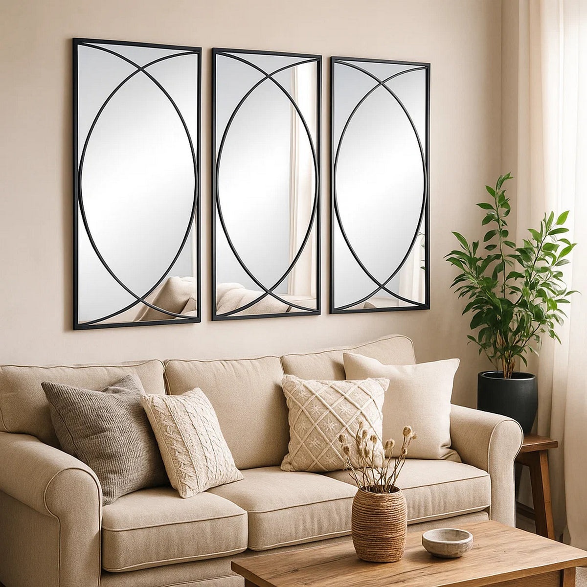 32 Inch 3 Piece Wall Mirror, Concentric Circles, Stylish Black Metal Frame - BM286307