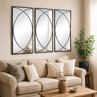 32 Inch 3 Piece Wall Mirror, Concentric Circles, Stylish Black Metal Frame - BM286307