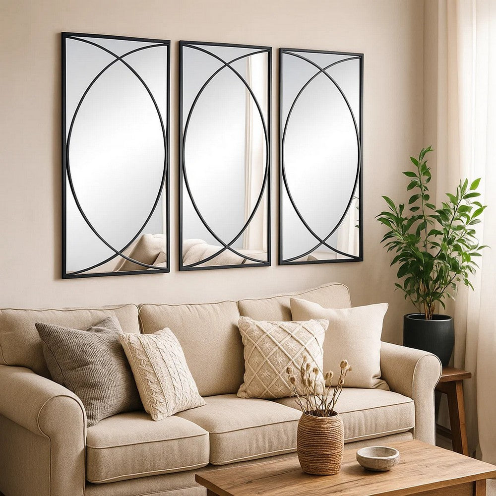 32 Inch 3 Piece Wall Mirror, Concentric Circles, Stylish Black Metal Frame - BM286307