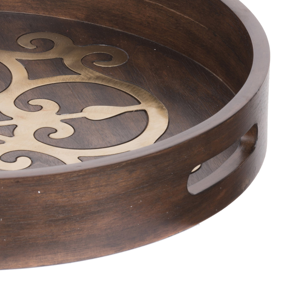 18 Inch Round Decorative Tray, Brass Inlaid Design and Brown Wood Frame - BM286369