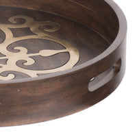 18 Inch Round Decorative Tray, Brass Inlaid Design and Brown Wood Frame - BM286369