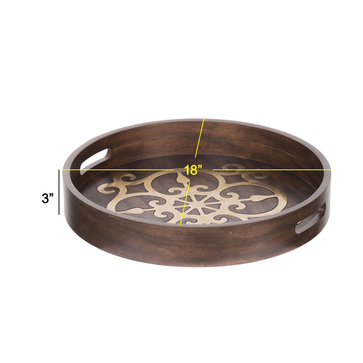 18 Inch Round Decorative Tray, Brass Inlaid Design and Brown Wood Frame - BM286369