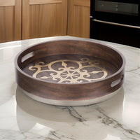 18 Inch Round Decorative Tray, Brass Inlaid Design and Brown Wood Frame - BM286369