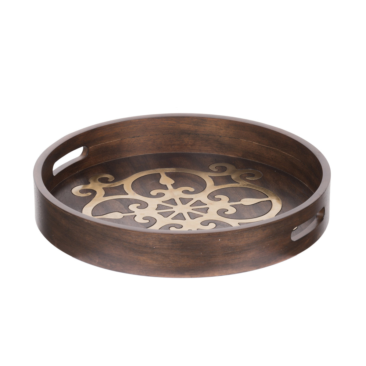 18 Inch Round Decorative Tray, Brass Inlaid Design and Brown Wood Frame - BM286369