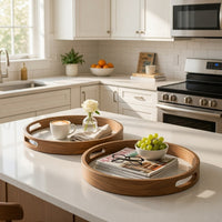 18, 15 Inch Round Decorative Tray, Marble Effect, Brown Fir Wood Frame - BM286373