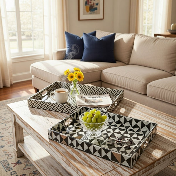 25 Inch Decorative, Black White Wood Trays, Art Deco Geometric, Set of 2 - BM286374
