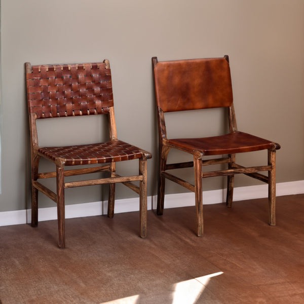 34 Inch Set of 2 Wood Dining Chairs, Leather Woven Back and Seat, Brown - BM286399