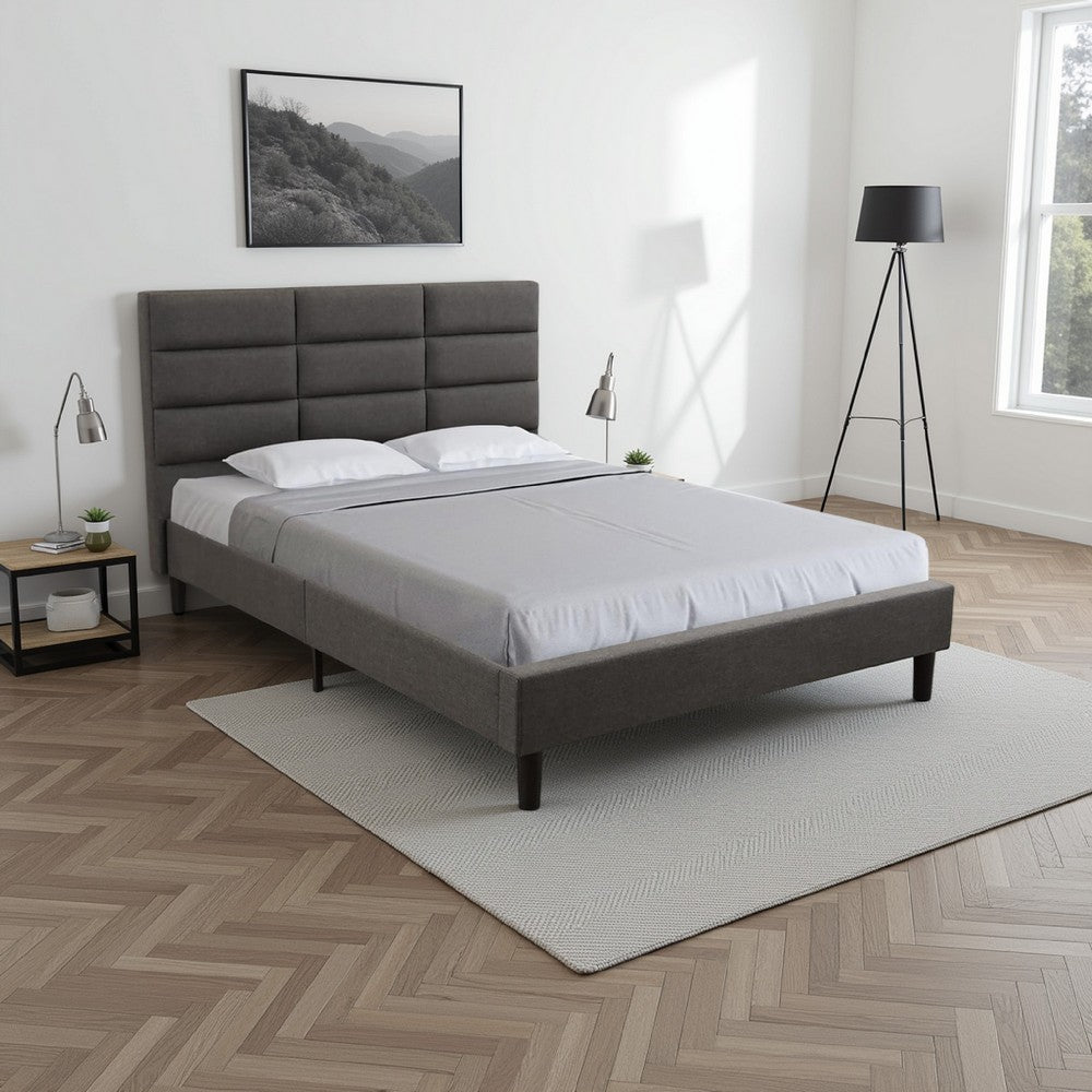 Rin Queen Size Platform Bed, Charcoal Gray Upholstery, Panel Headboard - BM286484