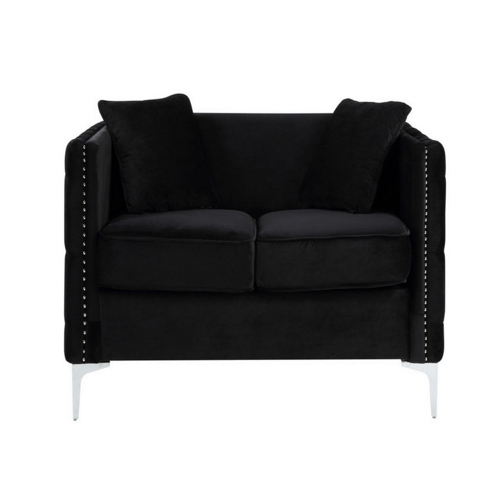 Zion 53 Inch Accent Loveseat, Handmade Nailhead Trim, Tufted, Black Velvet - BM286568