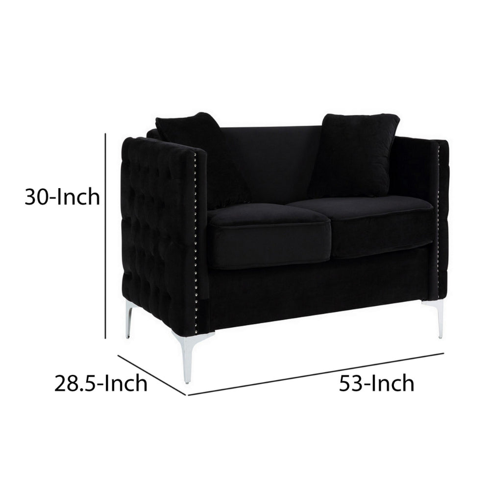 Zion 53 Inch Accent Loveseat, Handmade Nailhead Trim, Tufted, Black Velvet - BM286568