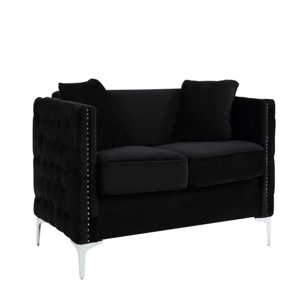 Zion 53 Inch Accent Loveseat, Handmade Nailhead Trim, Tufted, Black Velvet - BM286568