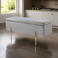 Jaxon 45 Inch Storage Bench with Wood Frame, Gold Metal Legs, Gray Velvet - BM286595