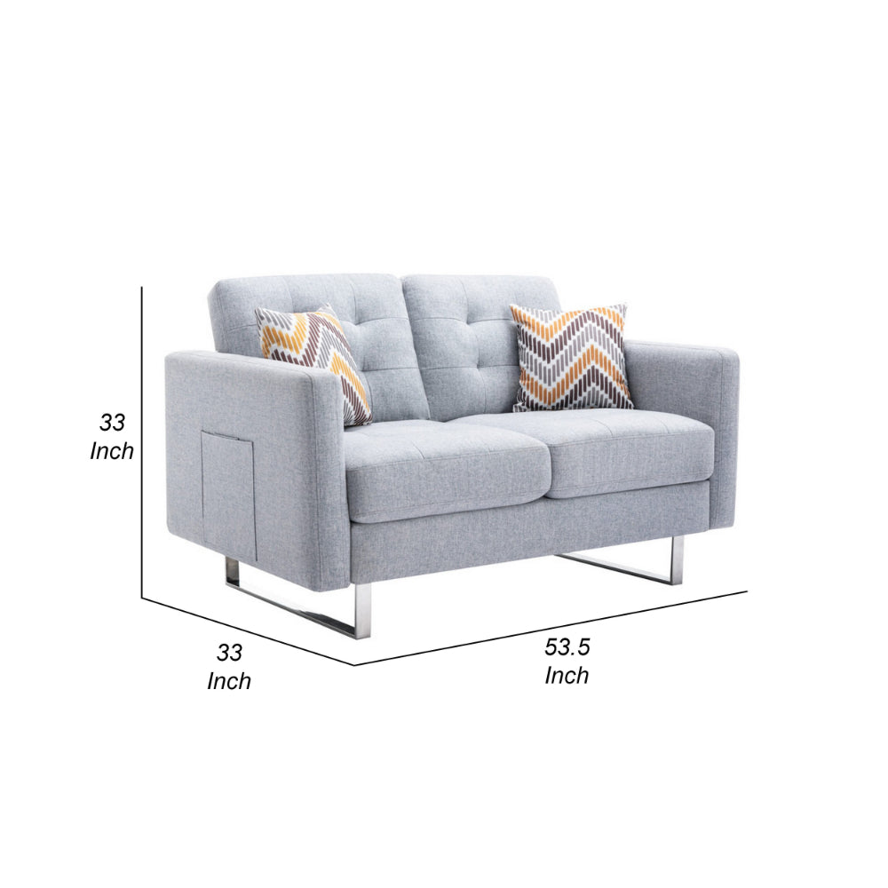 Caden 54 Inch Modern Loveseat with Side Pocket and 2 Pillows, Light Gray - BM286681