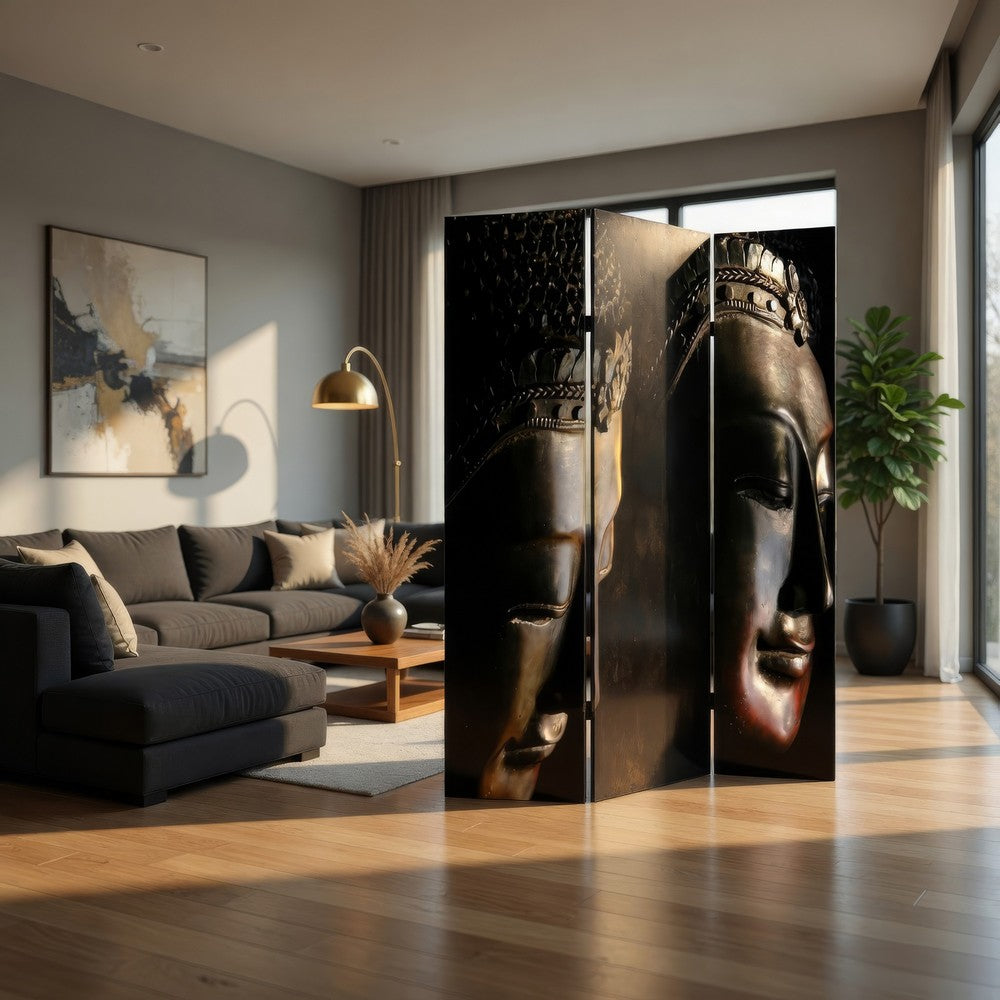 Brar 71 Inch 3 Panel Canvas Screen, Dual Sided Buddha Print, Black, Brown - BM287485