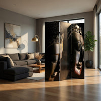 Brar 71 Inch 3 Panel Canvas Screen, Dual Sided Buddha Print, Black, Brown - BM287485