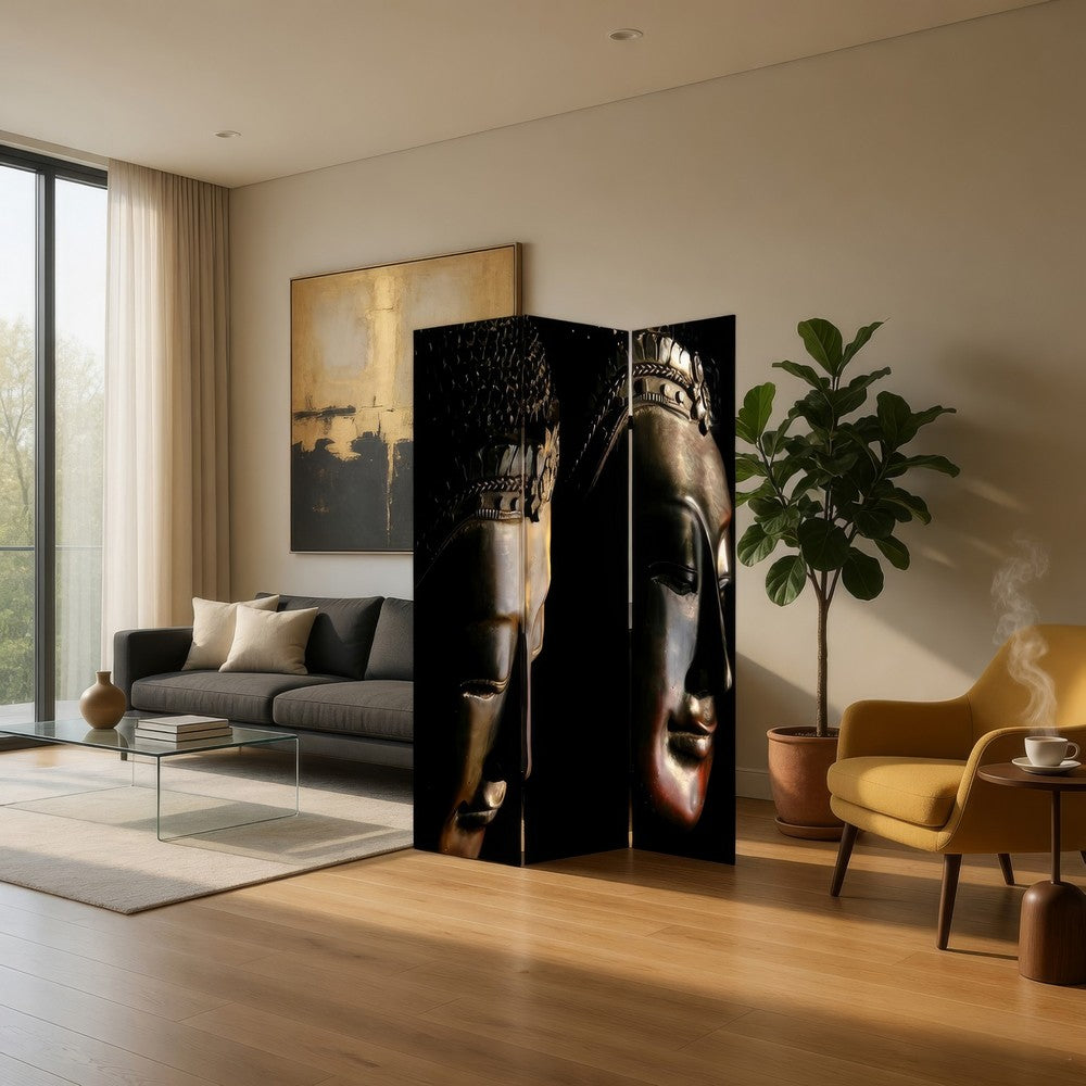 Brar 71 Inch 3 Panel Canvas Screen, Dual Sided Buddha Print, Black, Brown - BM287485