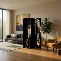 Brar 71 Inch 3 Panel Canvas Screen, Dual Sided Buddha Print, Black, Brown - BM287485