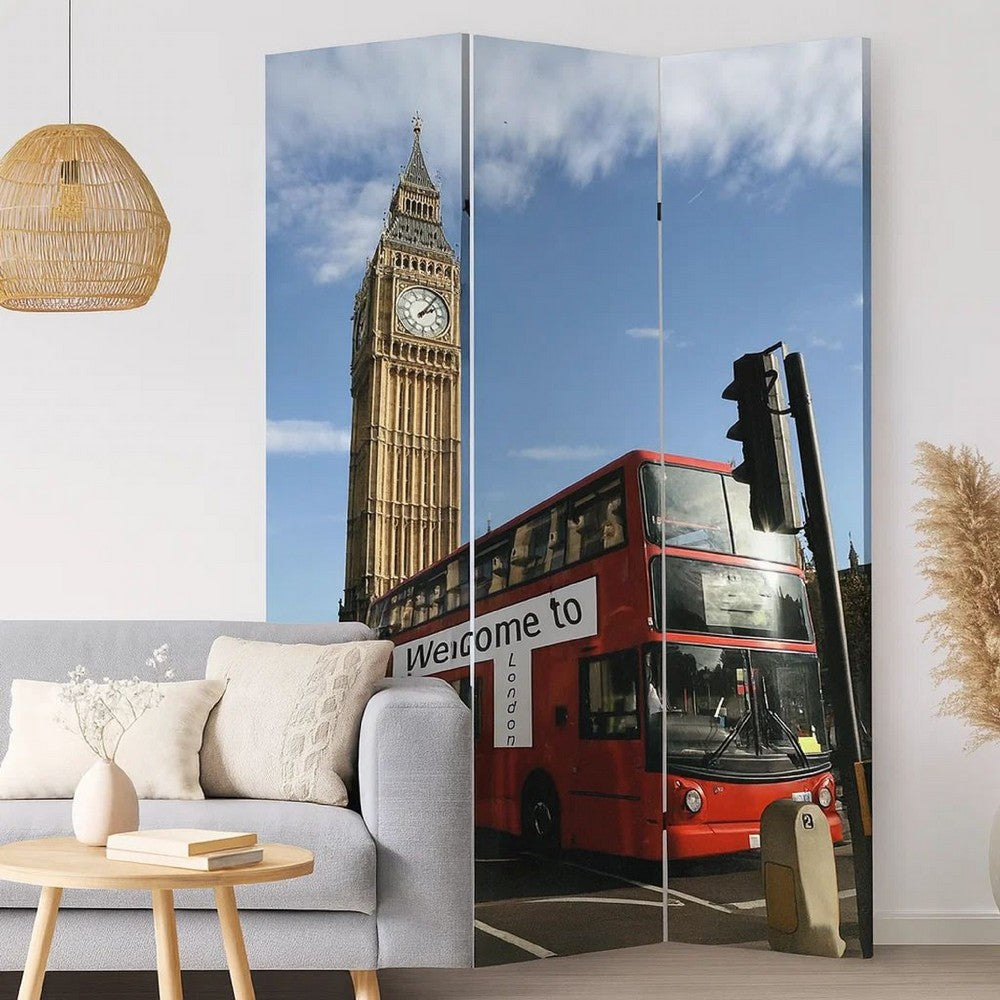 Brar 71 Inch 3 Panel Canvas Screen, Big Ben, London Cityscape, Red, Brown - BM287514
