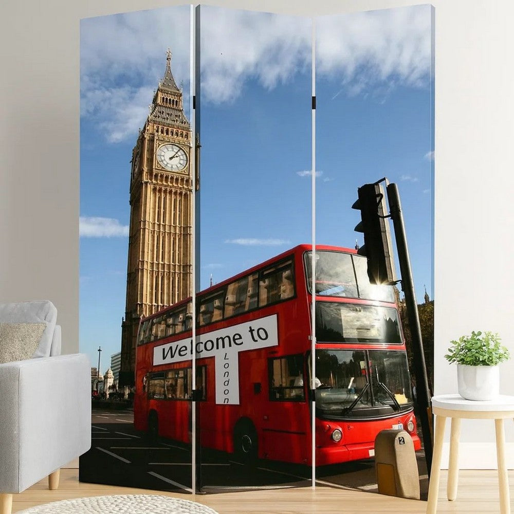 Brar 71 Inch 3 Panel Canvas Screen, Big Ben, London Cityscape, Red, Brown - BM287514