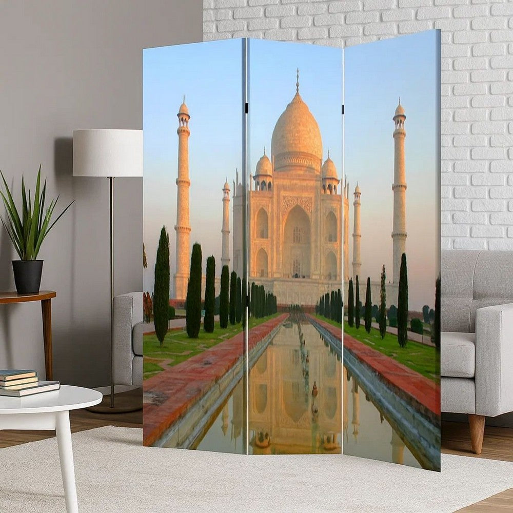 Brar 71 Inch 3 Panel Screen, Taj Mahal Reflecting Pool Print, Multicolor - BM287518