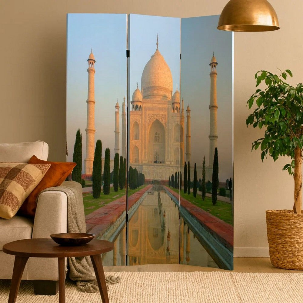 Brar 71 Inch 3 Panel Screen, Taj Mahal Reflecting Pool Print, Multicolor - BM287518