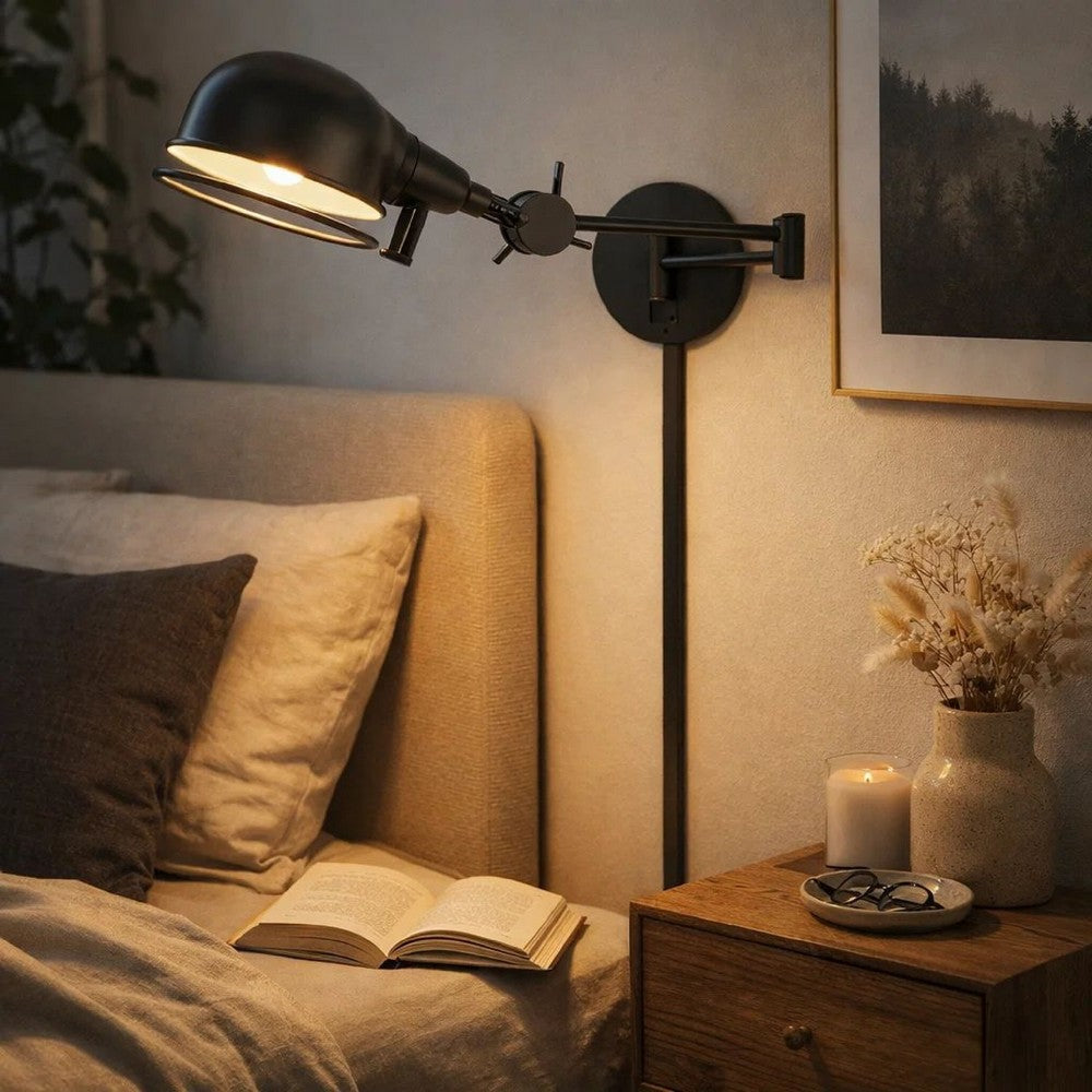 Kash 27 Inch Vintage Wall Lamp, Swing Arm, Adjustable Metal Shade, Bronze - BM287714